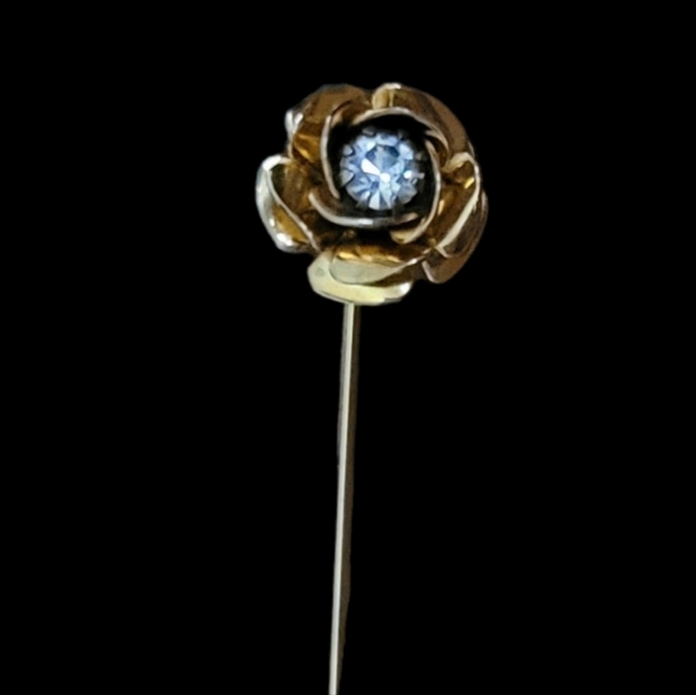 Vintage Rhinestone Gold Flower Stick Pin - Picture 2 of 3